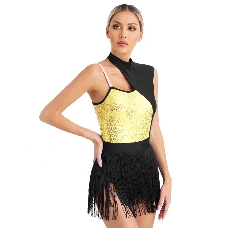 Custom Womens Dance Costumes Shiny Sequins Fringed Bodysuit Sleeveless Performance Latin Dance Leotard