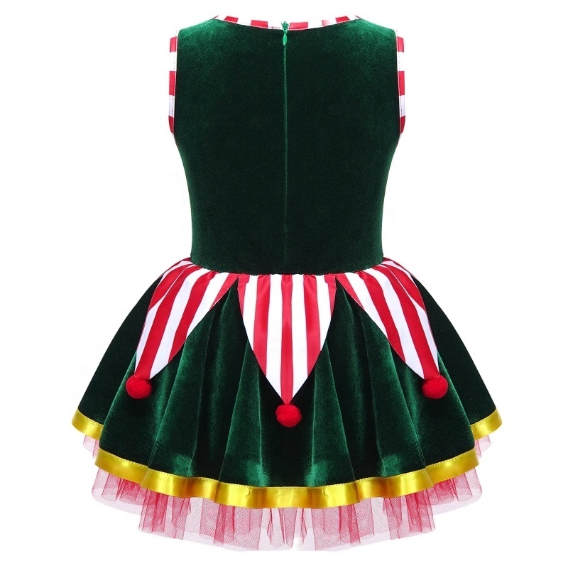 Kids Girls Christmas Elf Costume Set Tutu Dress with Bells Hat for Party Cosplay Dress Up Performance