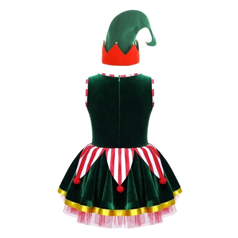 Kids Girls Christmas Elf Costume Set Tutu Dress with Bells Hat for Party Cosplay Dress Up Performance