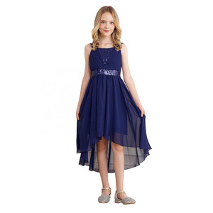 Wholesale Rushed Sleeveless High-low Hem Princess Chiffon Dress Kids Girls Wedding Birthday Party Dress