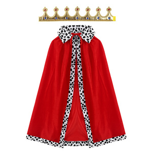 Kids Children King Costumes Outfit Cosplay Halloween Party Dress up Costume Red Velvet Cloak Cape with Crown Outfit