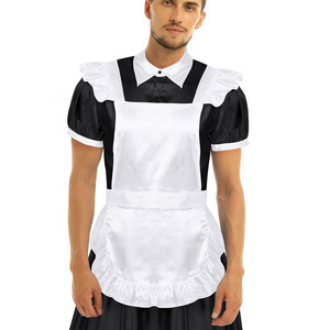 Sissy Mens Dress Maid Cosplay Costume Puff Sleeve Front Button Down Dress with Apron and Headband for Halloween