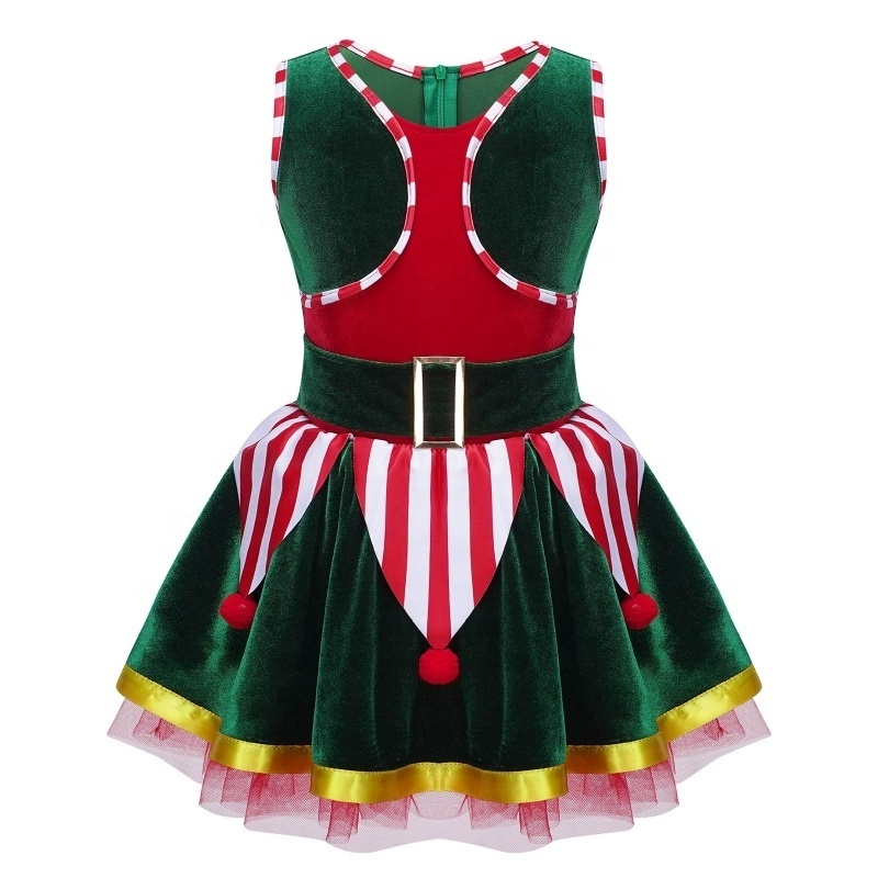 Kids Girls Christmas Elf Costume Set Tutu Dress with Bells Hat for Party Cosplay Dress Up Performance