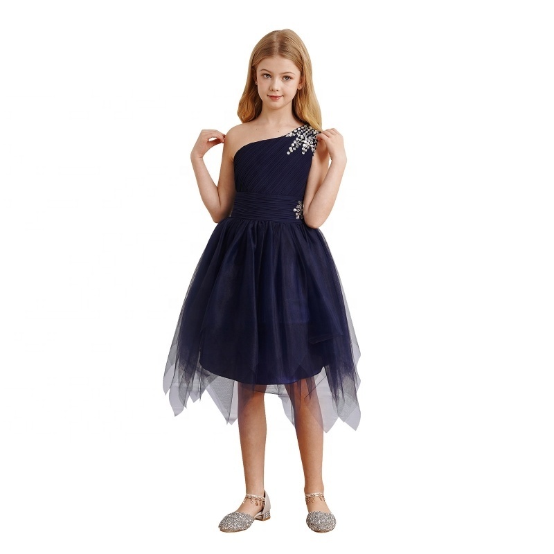 Kids One Shoulder Tulle Dress Sequin Sleeveless Asymmetrical Hem Puffy Party Dress for Girls Birthday