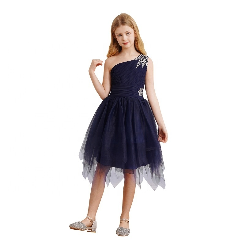 Kids One Shoulder Tulle Dress Sequin Sleeveless Asymmetrical Hem Puffy Party Dress for Girls Birthday