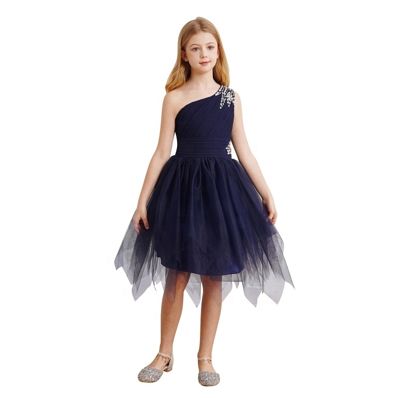 Kids One Shoulder Tulle Dress Sequin Sleeveless Asymmetrical Hem Puffy Party Dress for Girls Birthday