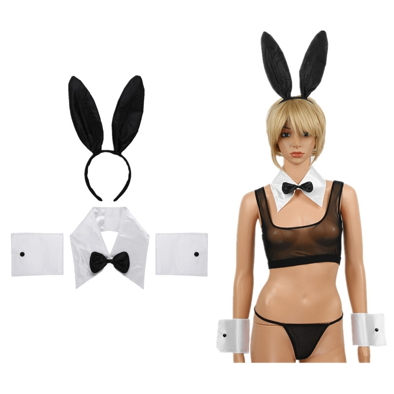 Rabbit Ears Headband Collar Bow Tie Sexy Costume Cuffs Bunny Tail Ball Outfits for Halloween Christmas Costume Cosplay Party