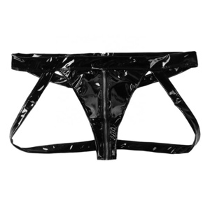 Black Men's Shiny Patent Leather Underwear Low Rise Bulge Pouch Back Exposed Double-ended Zipper Briefs Jockstrap Briefs Thongs