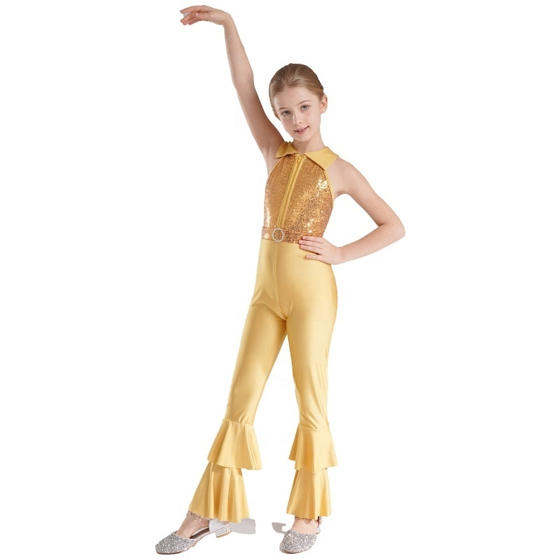 Kids Girls Sleeveless Turndown Collar Shiny Sequins Zipper Closure Long Pants Style Dance Leotards