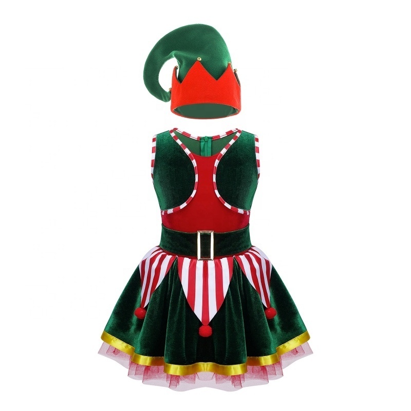 Kids Girls Christmas Elf Costume Set Tutu Dress with Bells Hat for Party Cosplay Dress Up Performance