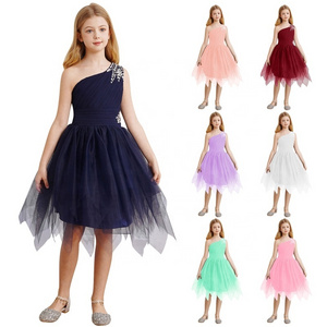 Kids One Shoulder Tulle Dress Sequin Sleeveless Asymmetrical Hem Puffy Party Dress for Girls Birthday