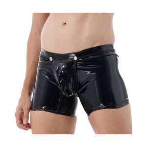 New Arrivals Patent Leather Removable Bulge Pouch Shorts Open Butt  Underwear For Men