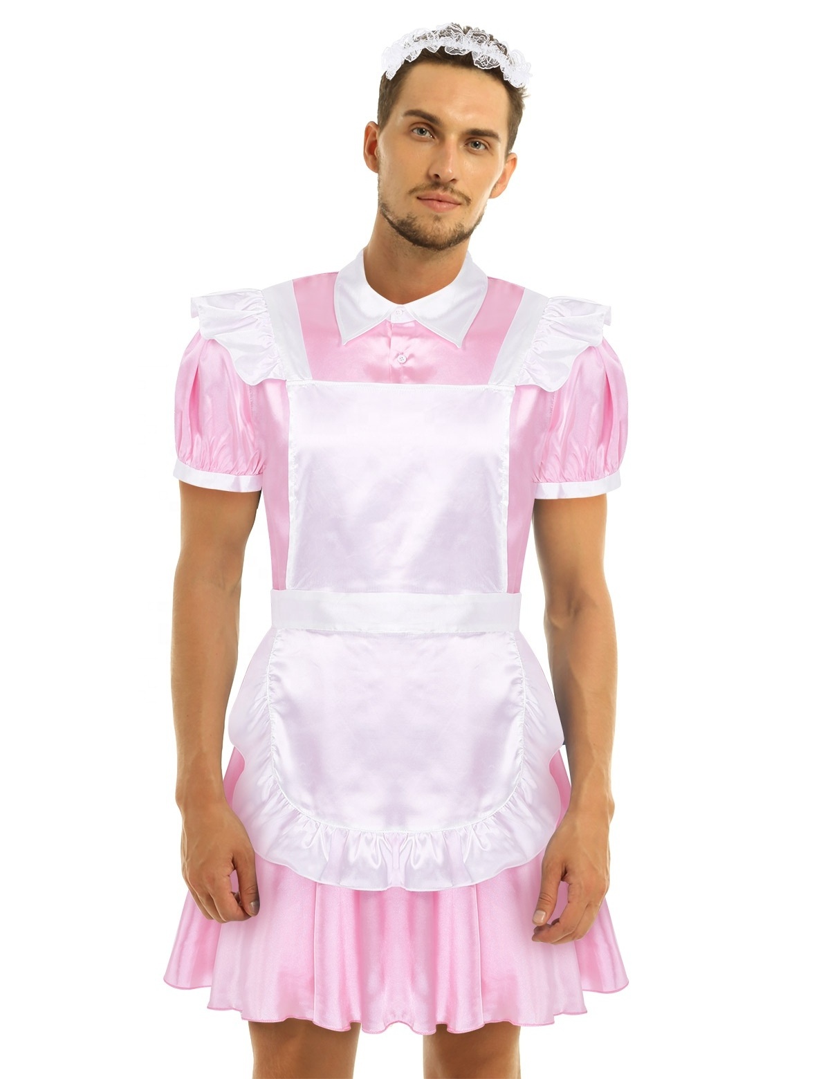 Sissy Mens Dress Maid Cosplay Costume Puff Sleeve Front Button Down Dress with Apron and Headband for Halloween