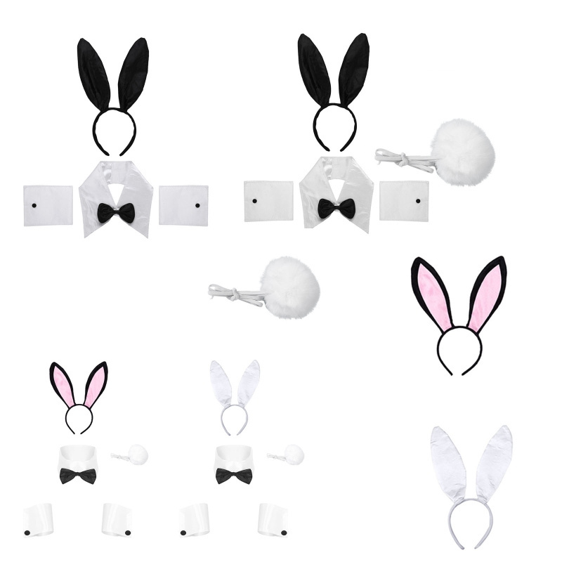 Rabbit Ears Headband Collar Bow Tie Sexy Costume Cuffs Bunny Tail Ball Outfits for Halloween Christmas Costume Cosplay Party