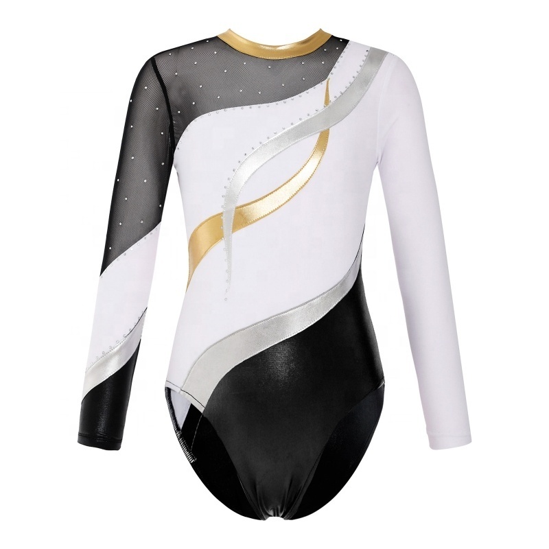 wholesale Dancewear Custom Design made Girls leotards Rhinestone long sleeve Gymnastics Leotards for girls