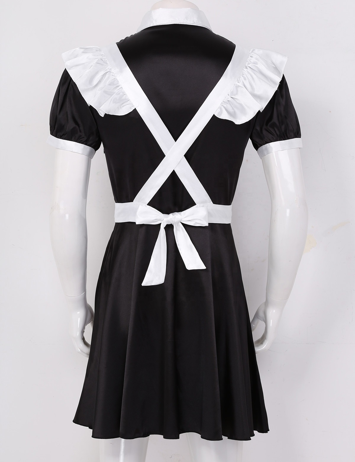 Sissy Mens Dress Maid Cosplay Costume Puff Sleeve Front Button Down Dress with Apron and Headband for Halloween