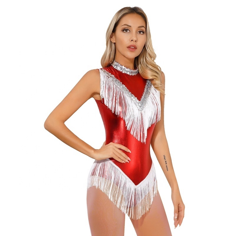 Womens Sleeveless Fringed Performance wear Sequins Tassel tango cha-cha Leotard Latin Dance Dress