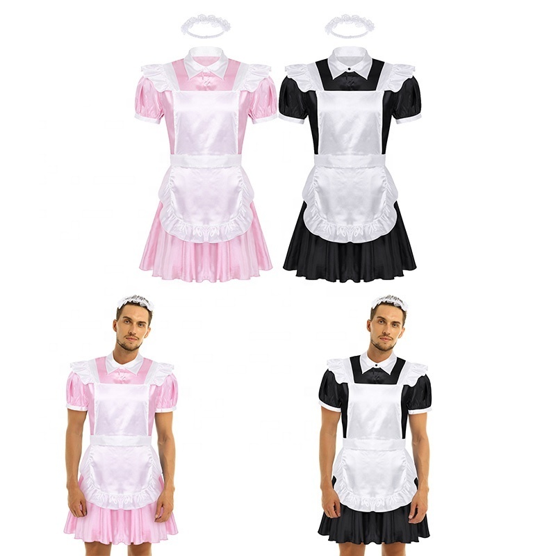 Sissy Mens Dress Maid Cosplay Costume Puff Sleeve Front Button Down Dress with Apron and Headband for Halloween