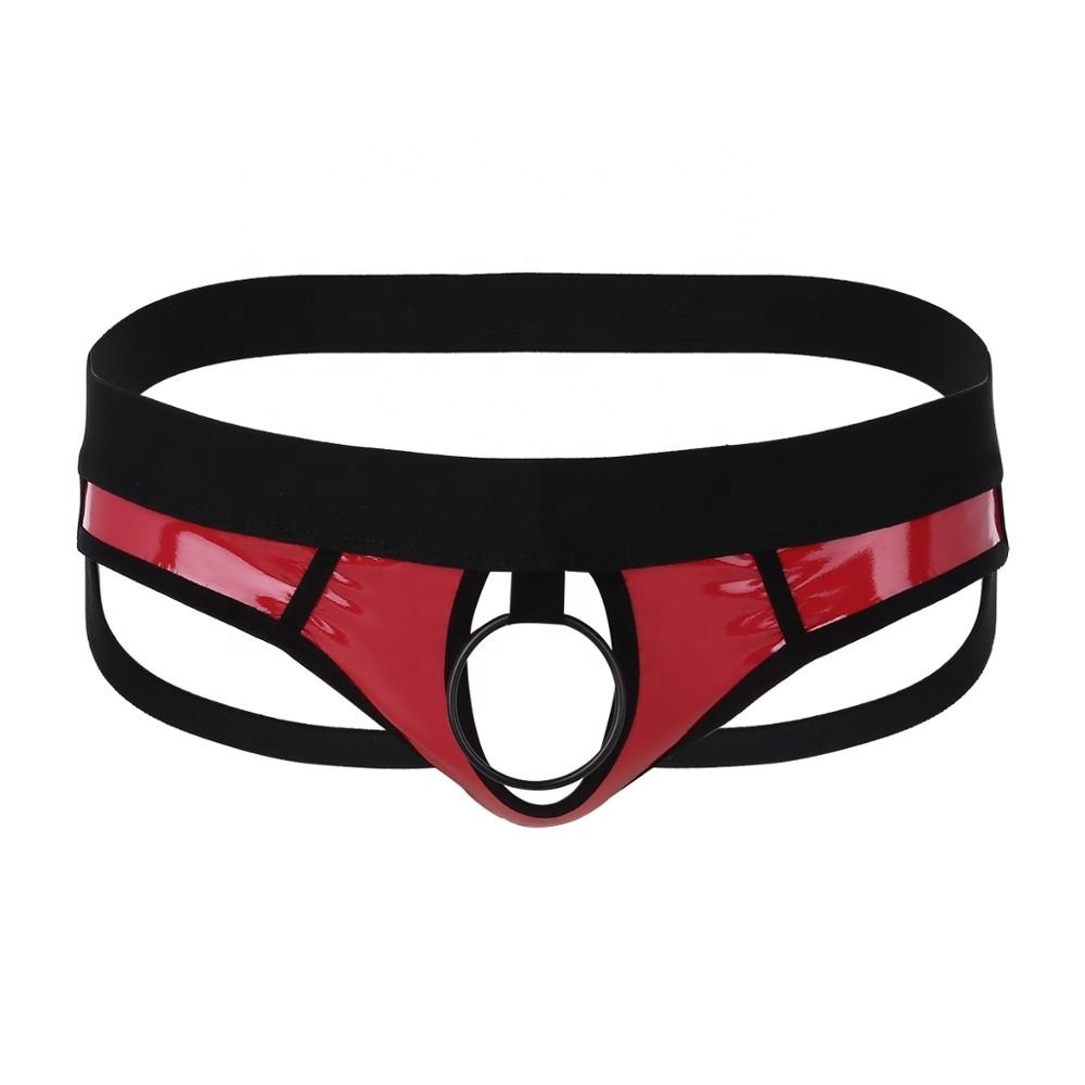 Mens Briefs Faux Leather Hollow Out Jockstrap Sexy G-string Low Rise Thong Black Red Men Sexy Underwear For Party Nightclub