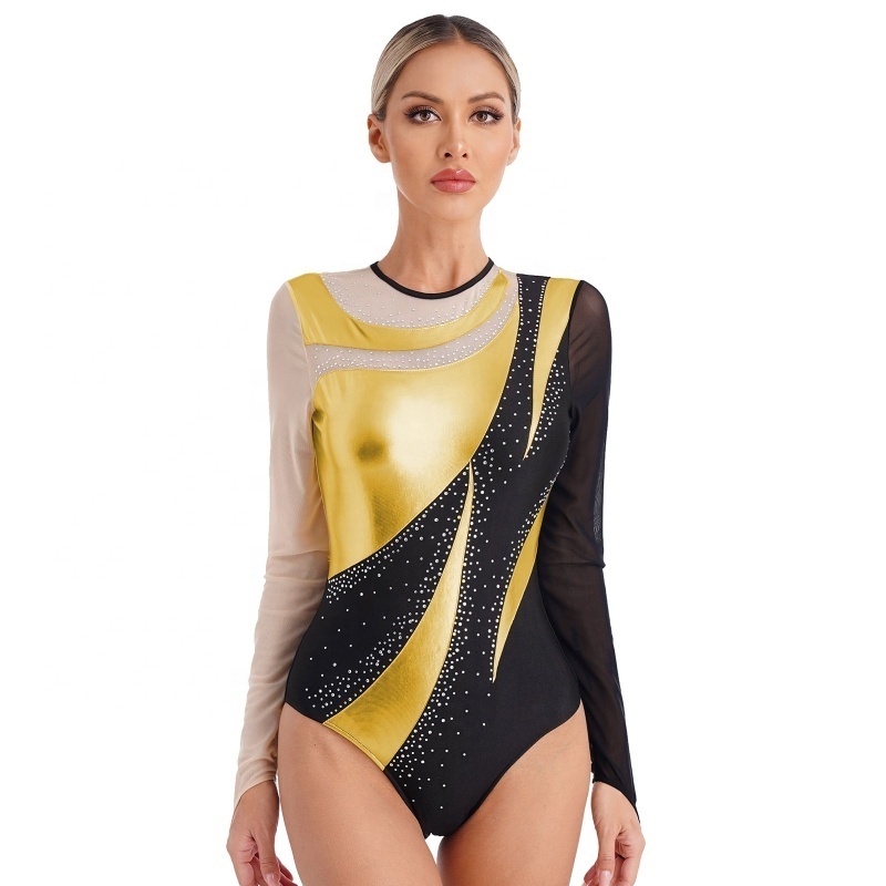 Custom Womens Long Sleeve Leotard Dance Performance Costume Metallic Patchwork Gymnastics Dance wear