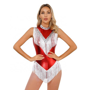 Womens Sleeveless Fringed Performance wear Sequins Tassel tango cha-cha Leotard Latin Dance Dress