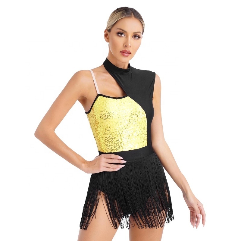 Custom Womens Dance Costumes Shiny Sequins Fringed Bodysuit Sleeveless Performance Latin Dance Leotard