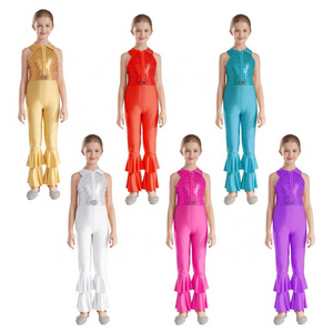 Kids Girls Sleeveless Turndown Collar Shiny Sequins Zipper Closure Long Pants Style Dance Leotards