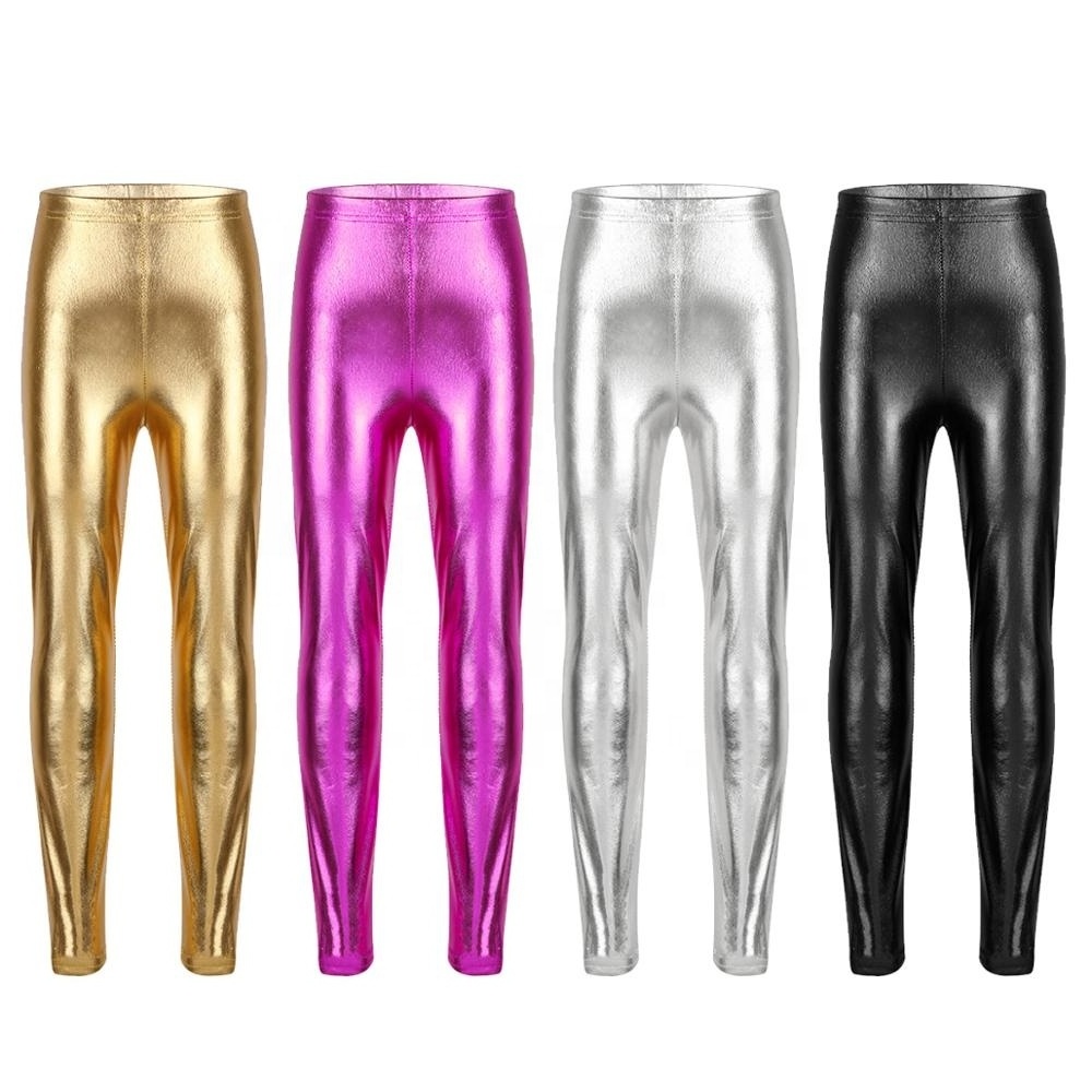 Kids Shiny Jazz Dance Leggings Girls Soft Smooth Fashion Solid Skinny Cheerleading Pants for Dance Competitions Performance Wear