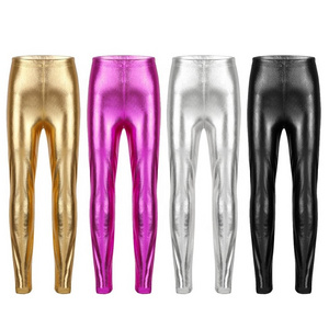 Kids Shiny Jazz Dance Leggings Girls Soft Smooth Fashion Solid Skinny Cheerleading Pants for Dance Competitions Performance Wear