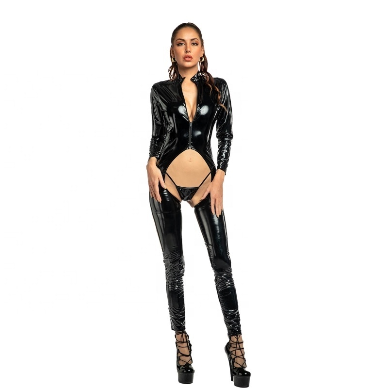 Women Patent Leather One Piece Crotchless Bodysuit Long Sleeve Zipper Skinny Corset Jumpsuits Sexy