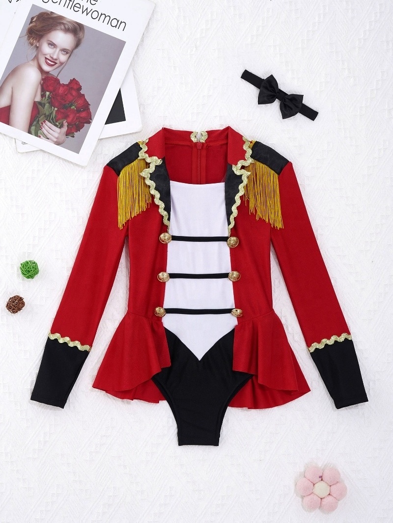 Kids Girls Long Sleeves Color Contrast Patchwork Tassel Buttons Adorned Cosplay Jumpsuit Circus Costume with Tie