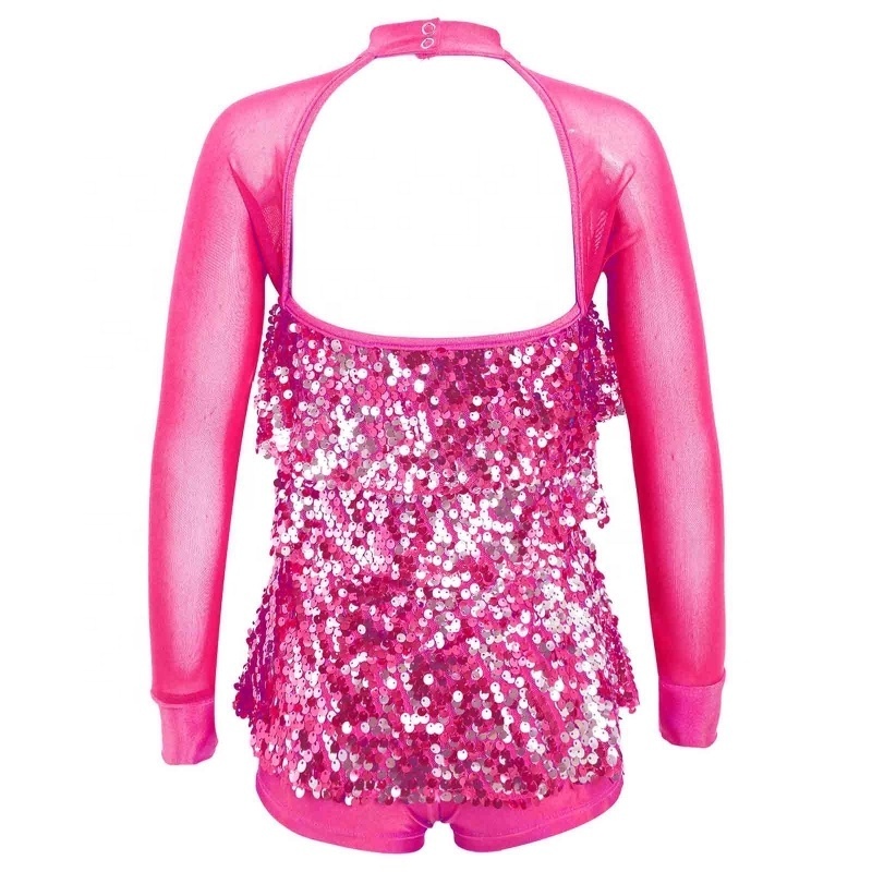 Sparkling Sequins Dance Clothing Mesh Patchwork Long Sleeve Leotard Girls Performance Dance Dress