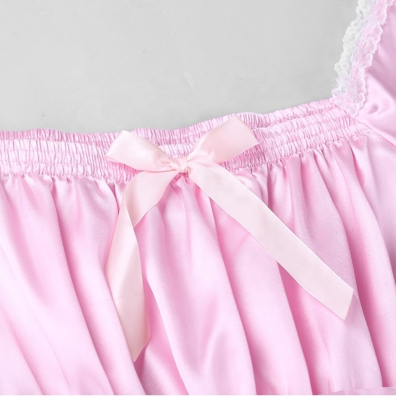 Mens Satin Frilly Sissy Dress Bow pink Lingerie Maid Cosplay Nightwear Sissy Dress