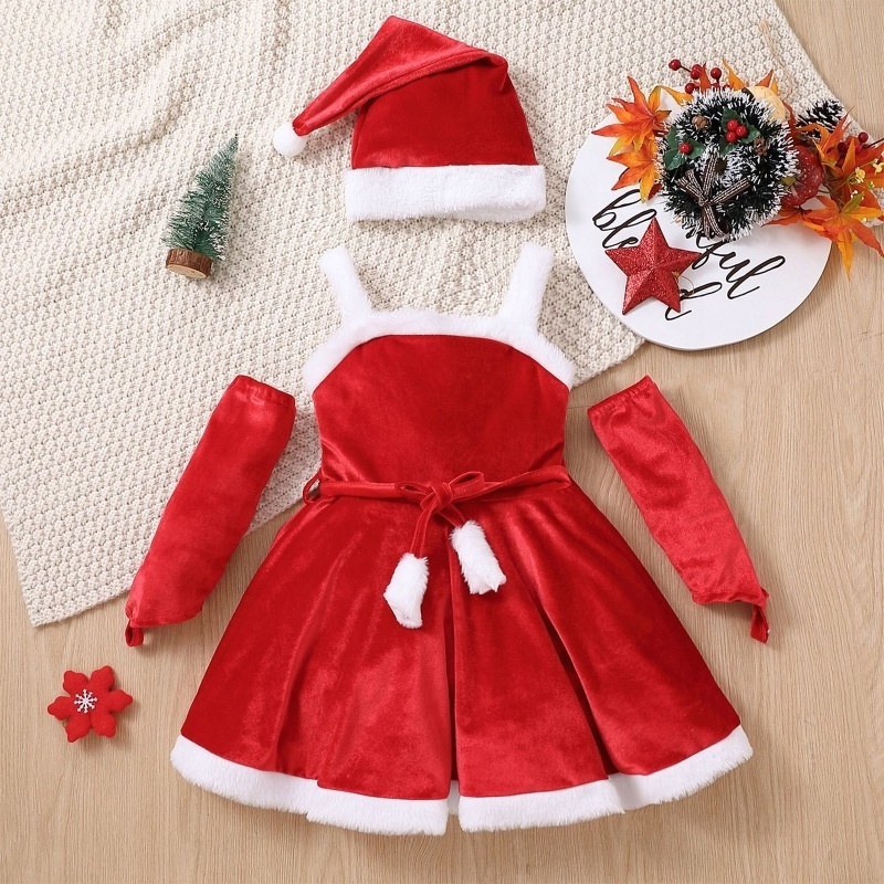 Kids Girls Christmas Velvet Dress Up Costumes Sleeveless A-line Dress Fingerless Gloves and Santa Hat Suit for Cosplay