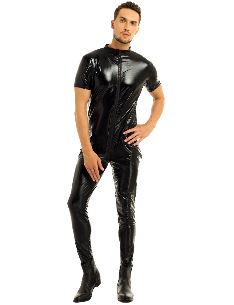 Luxury Latex Catsuit Mens Short Sleeves Zipper Crotch Full Body Suit Clubwear Leotard