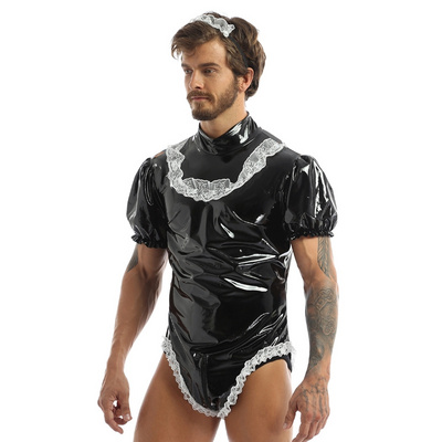 New Arrived Men Cosplay Costume Wet Look Patent Leather Leotard Bodysuit with Lace Headband Sissy Maid