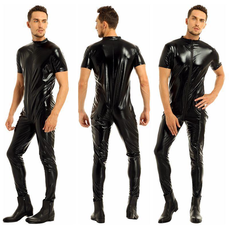 Luxury Latex Catsuit Mens Short Sleeves Zipper Crotch Full Body Suit Clubwear Leotard