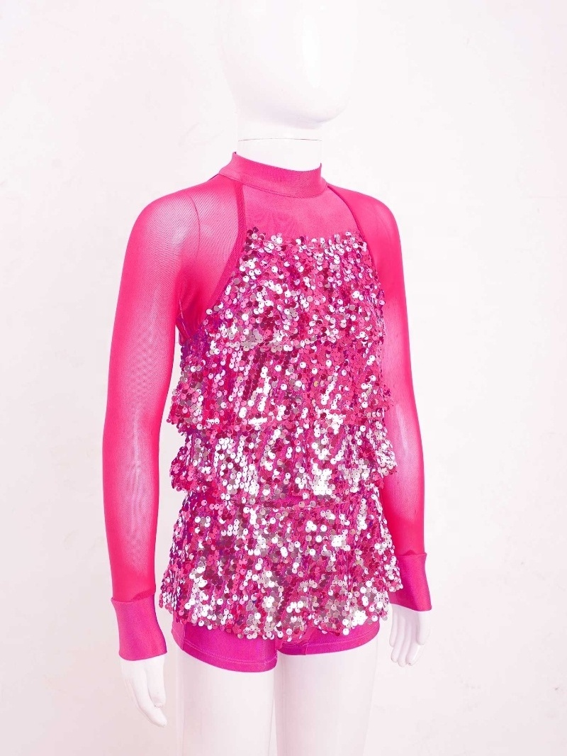 Sparkling Sequins Dance Clothing Mesh Patchwork Long Sleeve Leotard Girls Performance Dance Dress