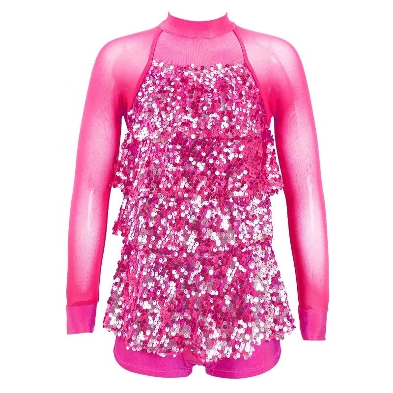 Sparkling Sequins Dance Clothing Mesh Patchwork Long Sleeve Leotard Girls Performance Dance Dress