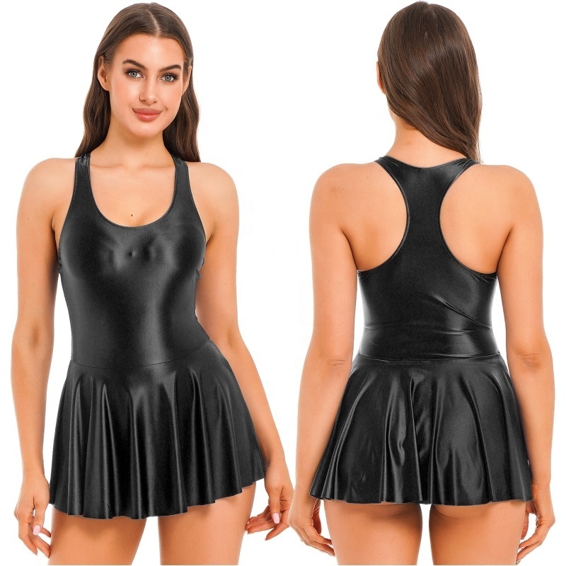 Womens Glossy Tank Dress One-Piece Swimsuit Sleeveless U Neck Leotard Dresses for Sports Yoga Ballet Dance Swimming