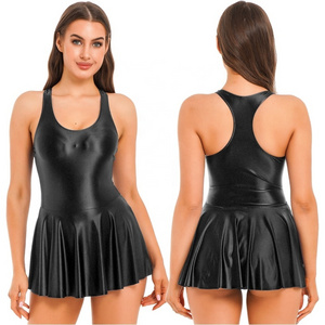 Womens Glossy Tank Dress One-Piece Swimsuit Sleeveless U Neck Leotard Dresses for Sports Yoga Ballet Dance Swimming