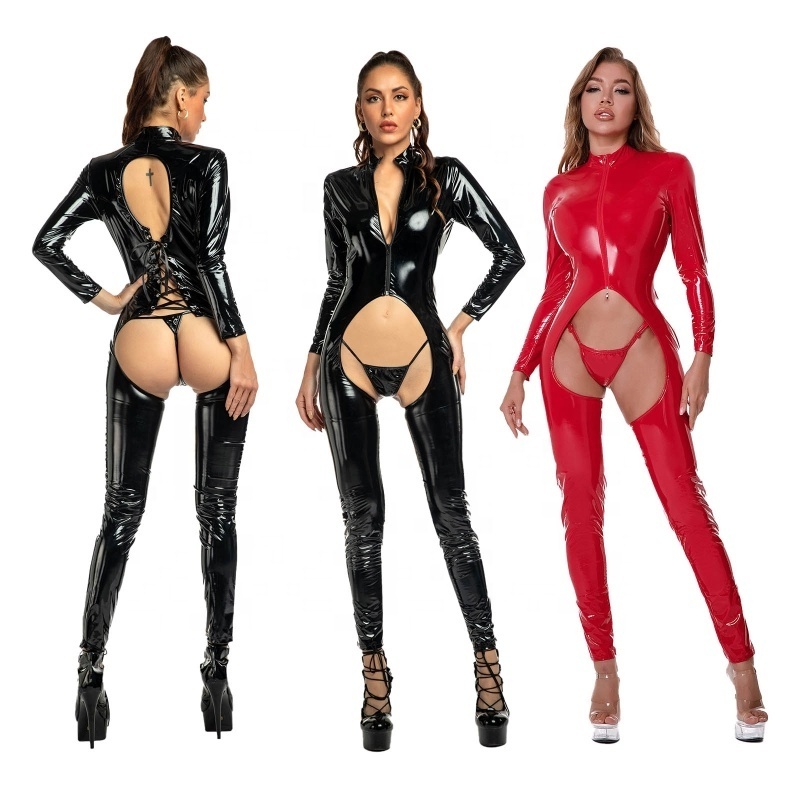 Women Patent Leather One Piece Crotchless Bodysuit Long Sleeve Zipper Skinny Corset Jumpsuits Sexy