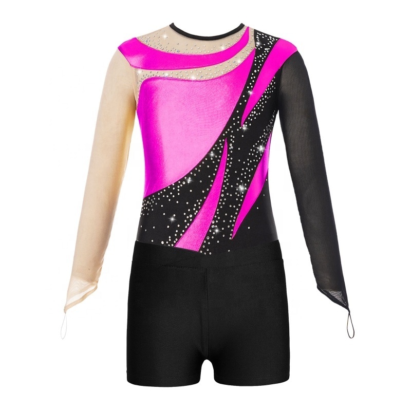 Custom Stage Costume Gymnastics Figure Skating Outfit Rhinestone Gymnastics Leotards with shorts