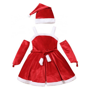 Kids Girls Christmas Velvet Dress Up Costumes Sleeveless A-line Dress Fingerless Gloves and Santa Hat Suit for Cosplay