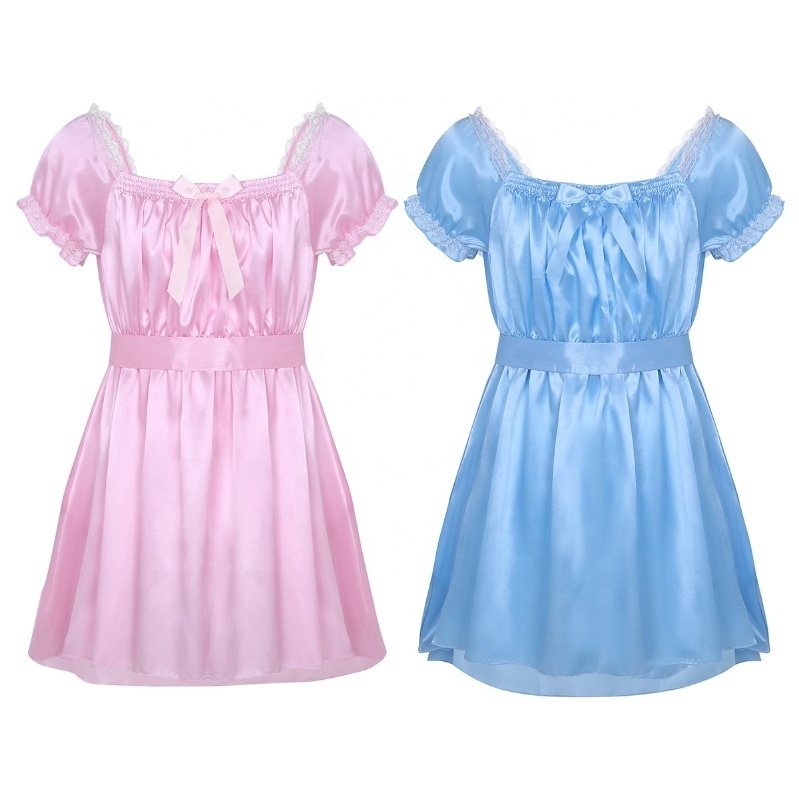 Mens Satin Frilly Sissy Dress Bow pink Lingerie Maid Cosplay Nightwear Sissy Dress