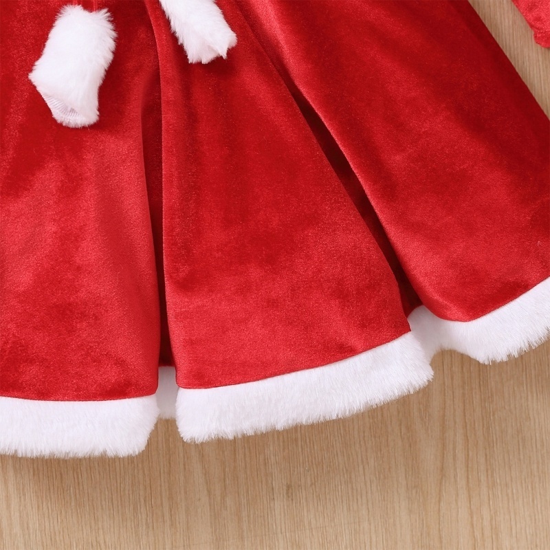 Kids Girls Christmas Velvet Dress Up Costumes Sleeveless A-line Dress Fingerless Gloves and Santa Hat Suit for Cosplay