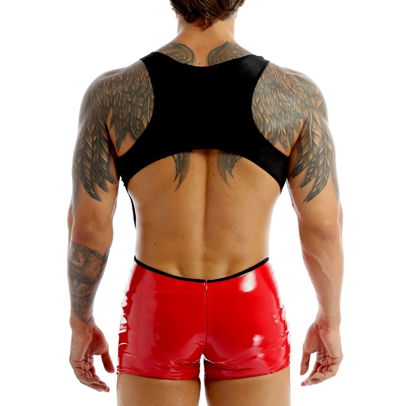 Low Price Mens Leather Color Block Design Racerback Skin-Tight Leotard Short Bodysuit Shaper