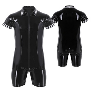 Fashion Black Leotard Mens One Piece Front Zipper Wet Look Latex Bodysuit Underwear