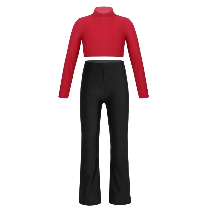 Wholesale Kid Girls Solid Color Long Sleeves Crop Top And Pants Jazz Cha-Cha Dance Wear Suit Set