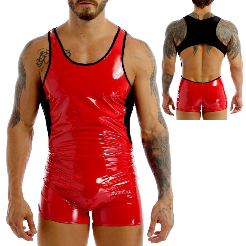 Low Price Mens Leather Color Block Design Racerback Skin-Tight Leotard Short Bodysuit Shaper